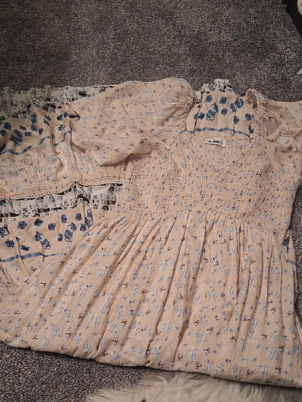 Smocked Cream Maxi Dress with Blue Floral Print